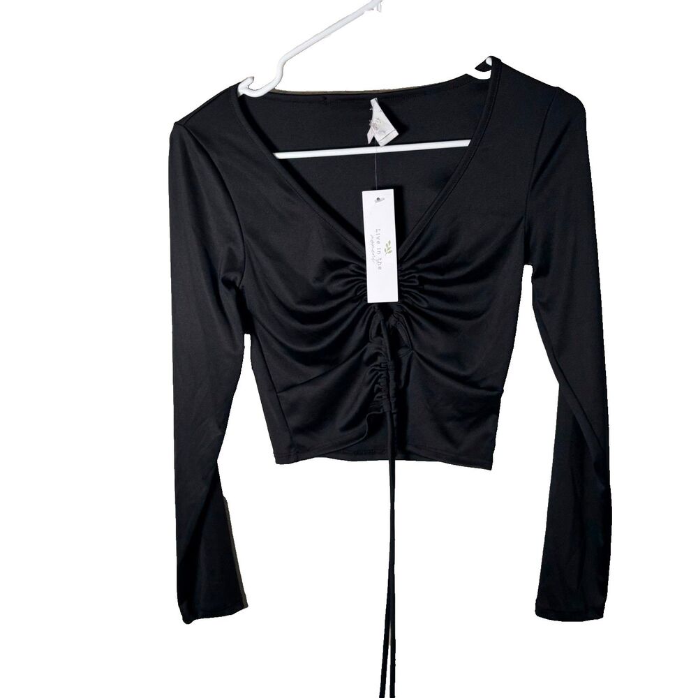 Live In The Moment Cropped Shirt Women's Medium Black Tie Open Keyhole